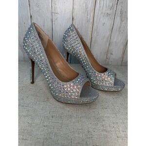 Thalia Sodi Landon Rhinestone Peep Toe Stiletto Heels Silver Glam Party 7.5M